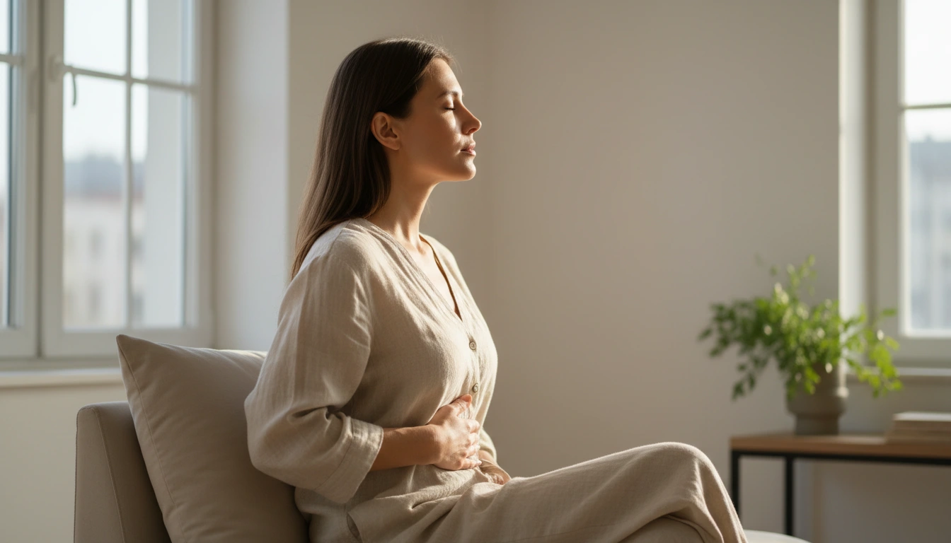 Woman practicing deep breathwork by a sunlit window for skin and nervous system health