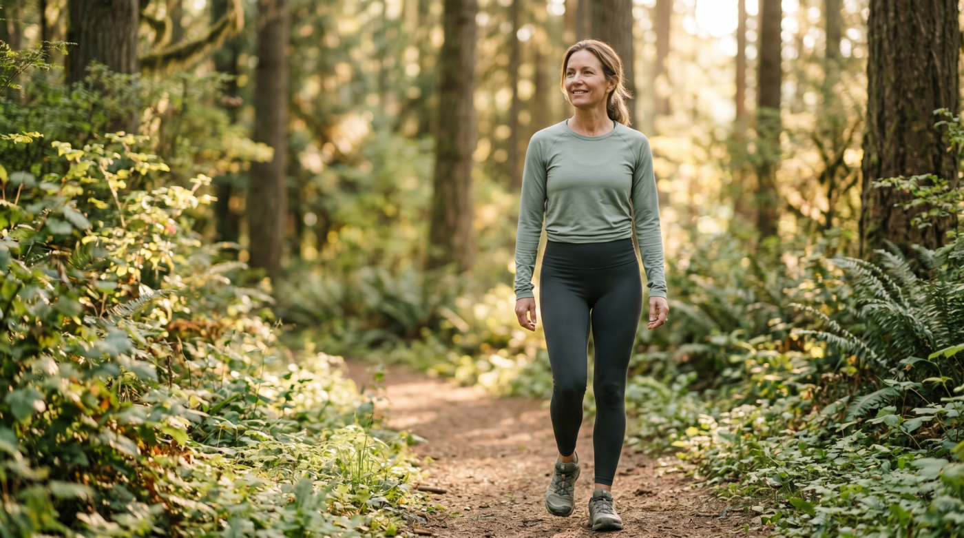 Woman practicing zone 2 walking exercise outdoors for skin health and healthy aging