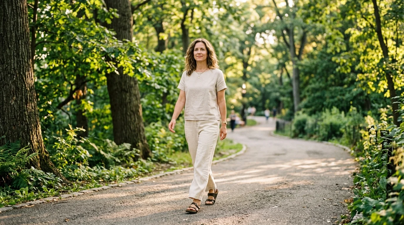 A woman is calmly walking along a tree-lined path in the park in the afternoon—illustrating how exercise after a meal helps regulate blood sugar levels.