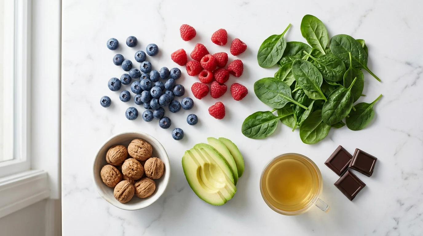 Antioxidant-rich foods including berries, leafy greens, walnuts, avocado, dark chocolate and green tea — dietary choices that may help reduce glycation skin aging risk