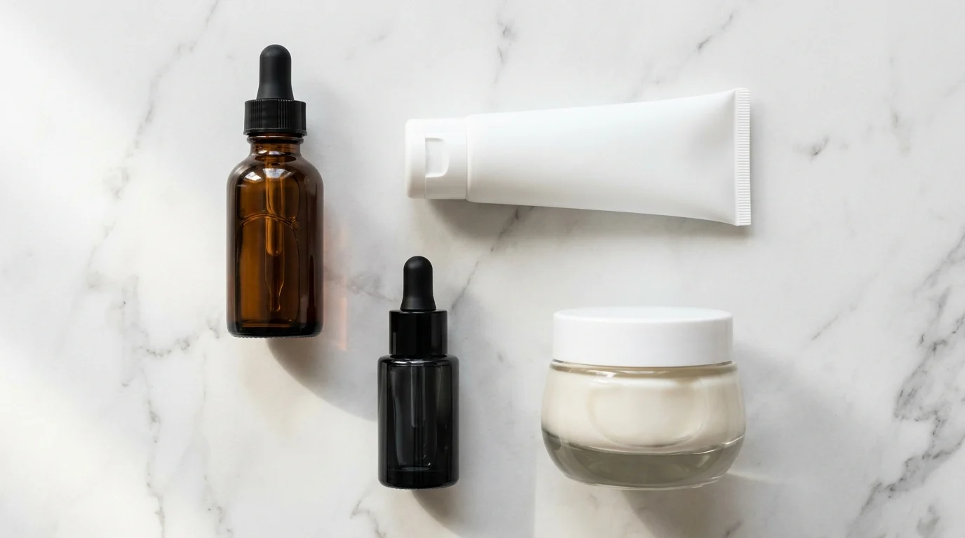 Premium skincare products including vitamin C serum, retinoid, SPF and ceramide cream — evidence-based anti-glycation skincare ingredients arranged on marble