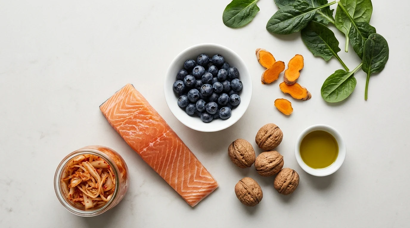 Flat lay of anti-inflammatory foods including salmon, blueberries, fermented vegetables, walnuts and turmeric — supporting gut microbiome health and reducing systemic skin inflammation