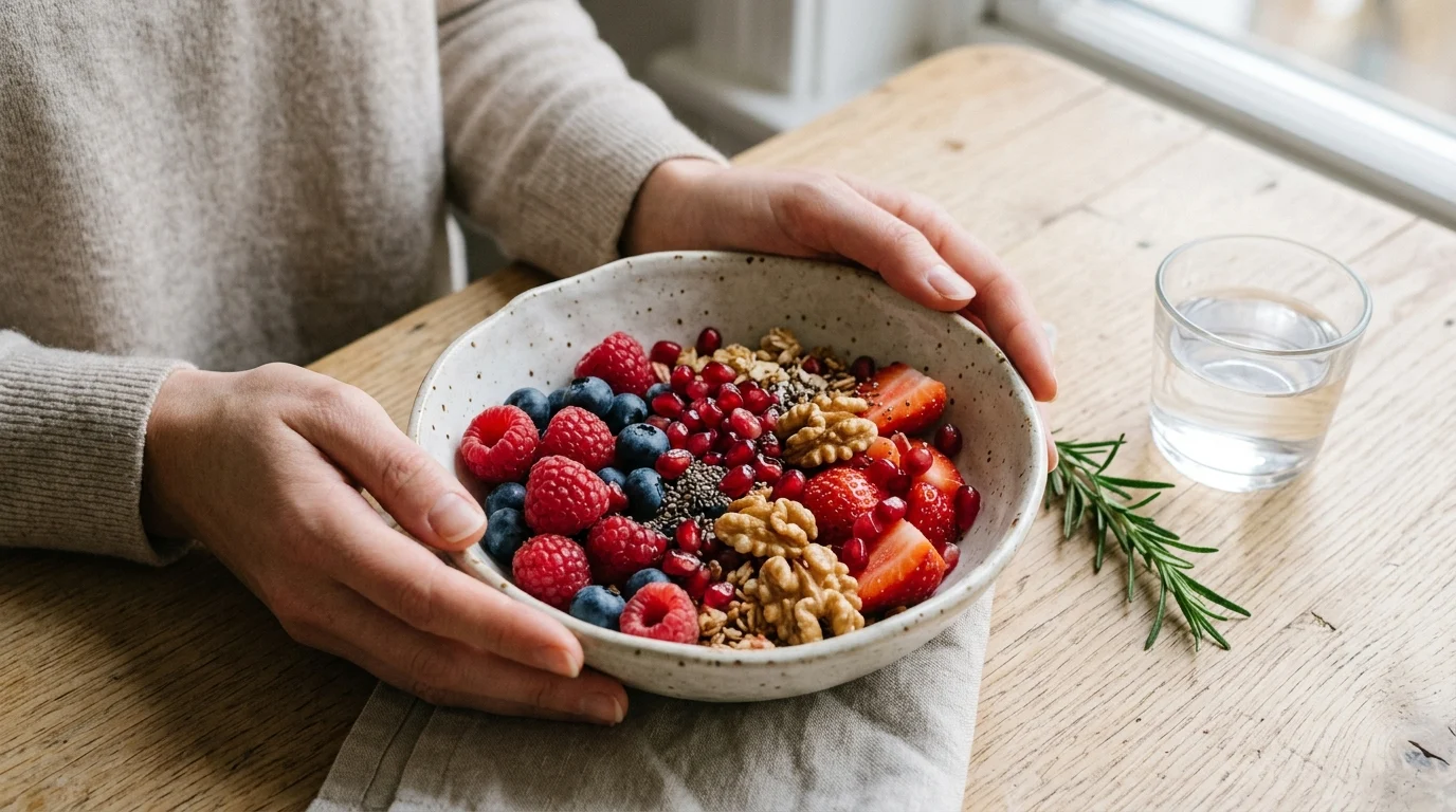 Hands holding a ceramic bowl of fresh berries and pomegranate seeds on a wooden table, representing antioxidant-rich diet and inflammaging prevention for skin longevity.