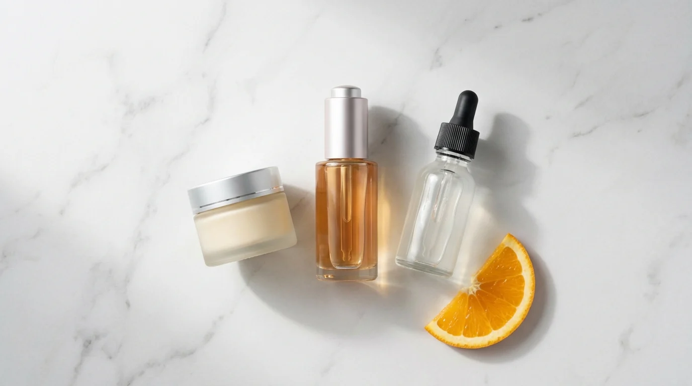 Premium antioxidant skincare products including vitamin C serum, CoQ10 cream and niacinamide on white marble, representing evidence-based antioxidant ingredients for skin aging