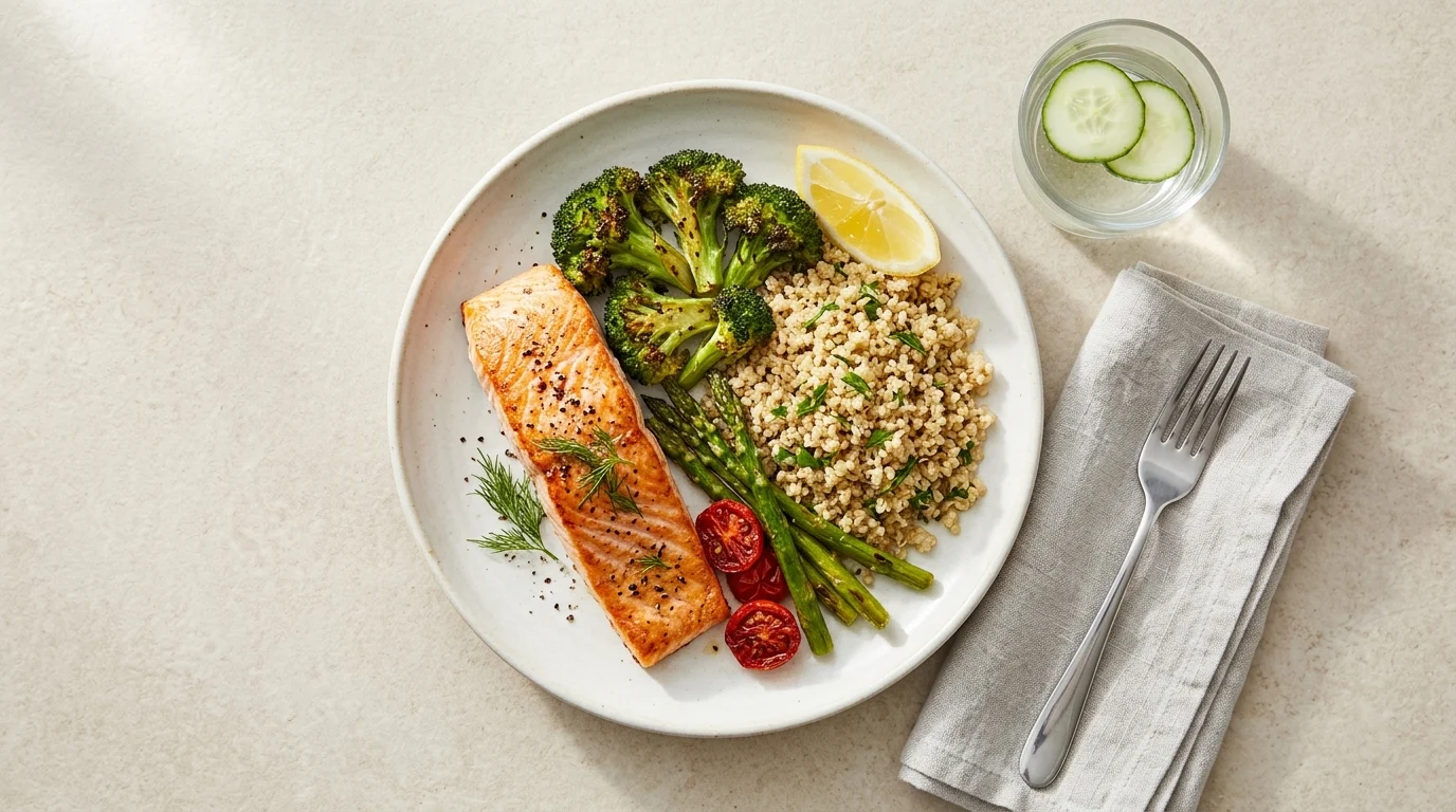 A balanced, low-glycemic-index plate of food featuring salmon, vegetables, and quinoa on a stone surface—illustrates the proper combination of carbohydrates.