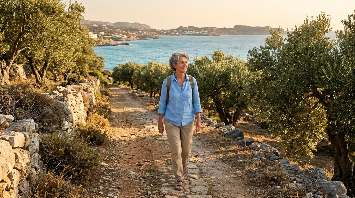 A healthy older woman walking along a Mediterranean coastal path at golden hour, representing Blue Zone longevity habits, consistent movement, and aging well skin.