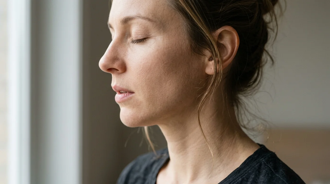 Close-up of a woman in a slow, mindful exhale — representing breathwork skin benefits through vagal nerve activation and parasympathetic nervous system stimulation.