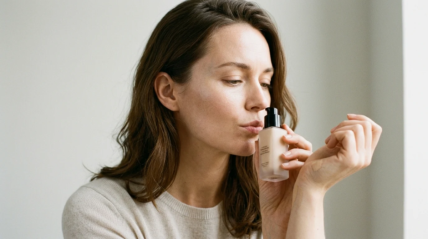 Woman inspecting liquid foundation for signs of expiration — unusual smell or texture change