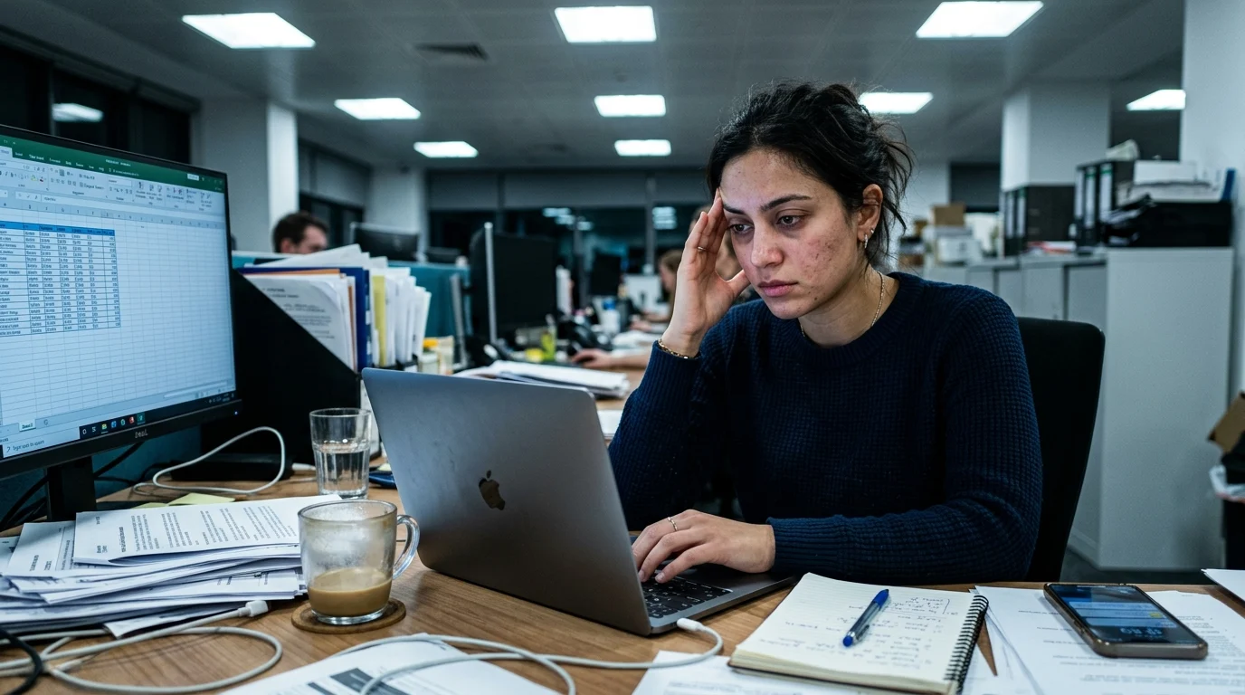 A stressed professional woman at a cluttered desk with visibly flushed, reactive skin — representing the chronic stress skin effects of sustained sympathetic nervous system activation.