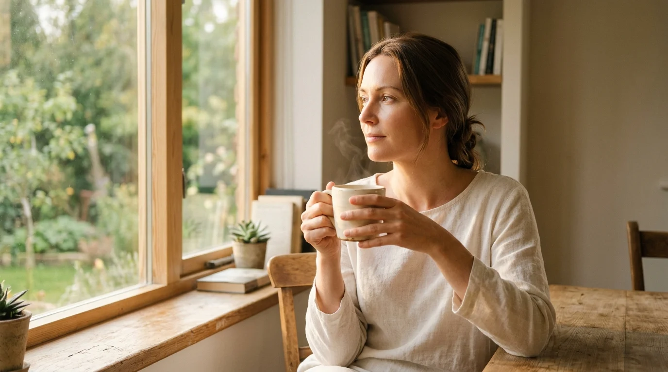 Woman sitting by a window in morning golden light with a warm cup, representing circadian-aligned morning wellness habits