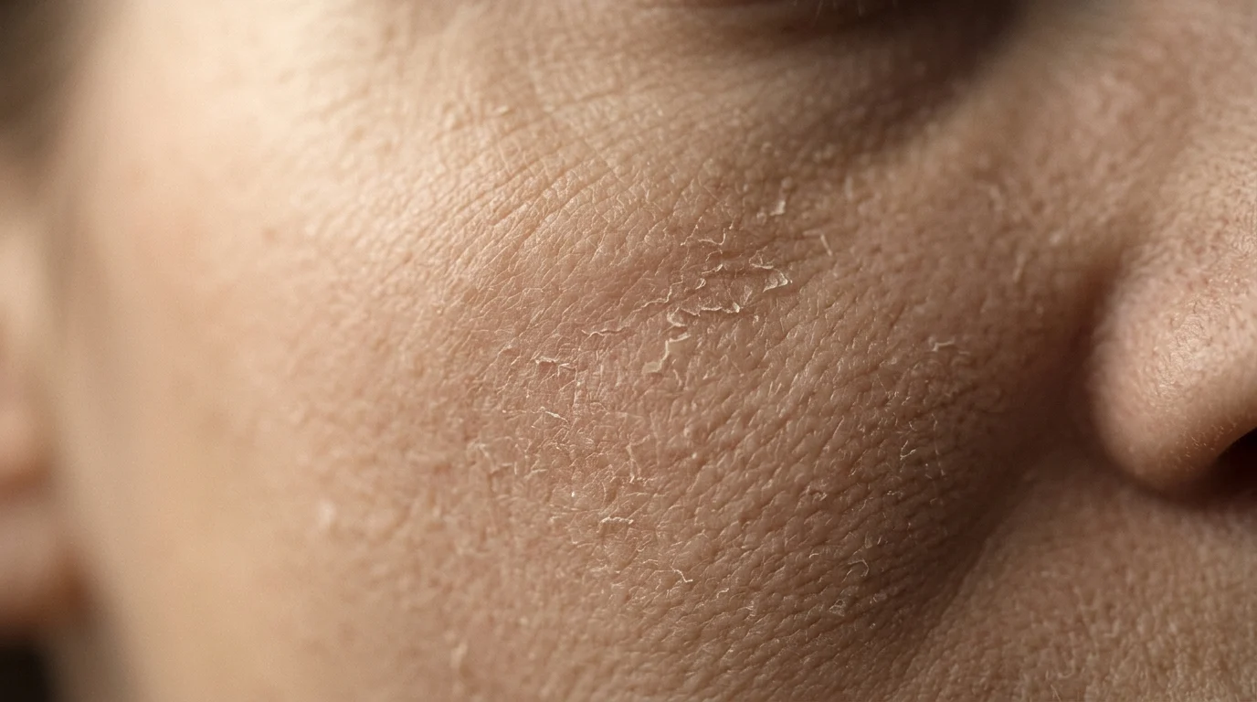 Macro close-up of dry, flaking skin showing compromised barrier function and elevated transepidermal water loss.