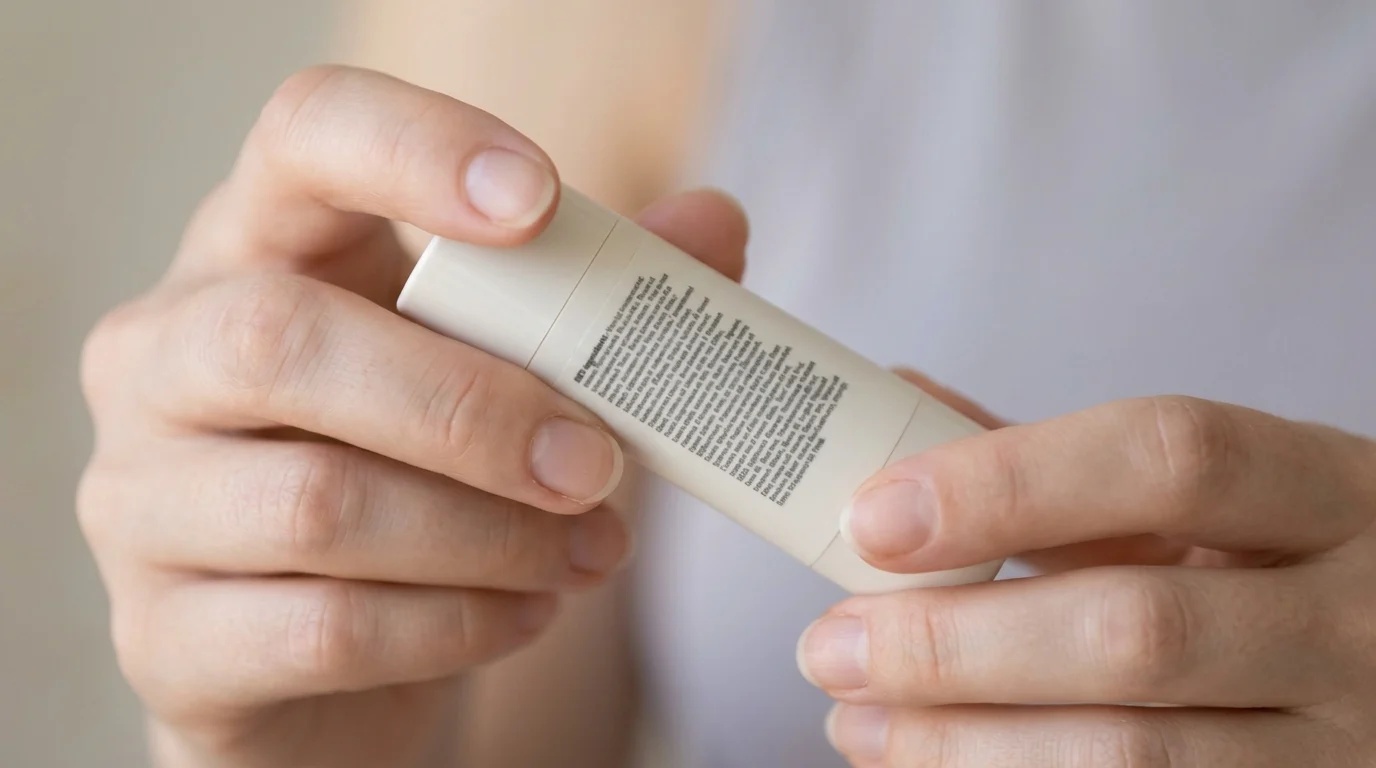 Close-up of hands turning over a skincare product to read the INCI ingredient list printed on the back of the packaging
