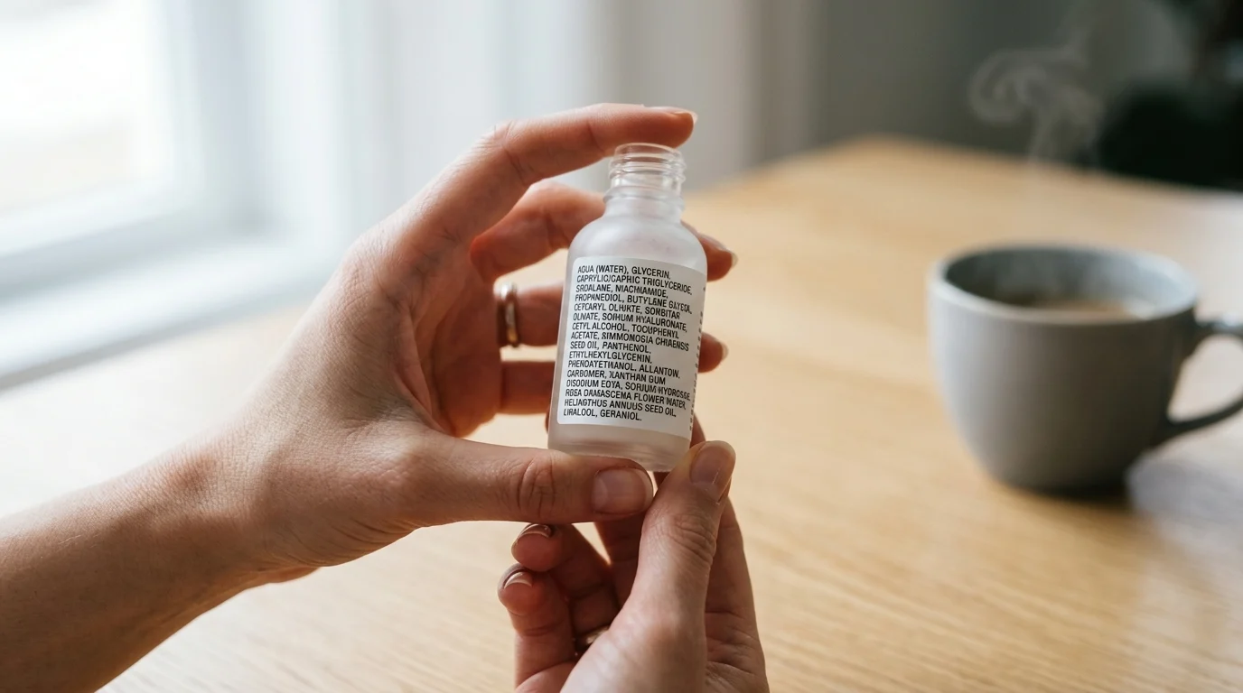 A consumer carefully reading the INCI ingredient list on a small skincare product bottle