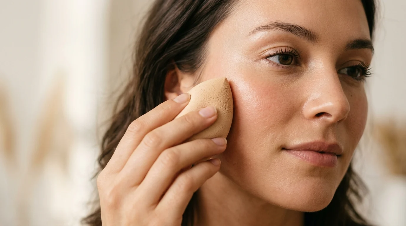 Woman pressing a damp makeup sponge gently onto cheek demonstrating correct patting technique to prevent makeup pilling