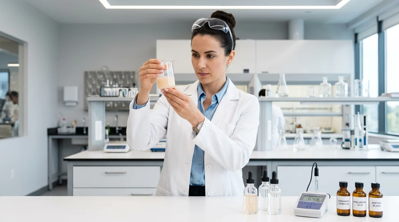 A female cosmetic chemist in a white lab coat examining a serum sample in a modern skincare formulation laboratory