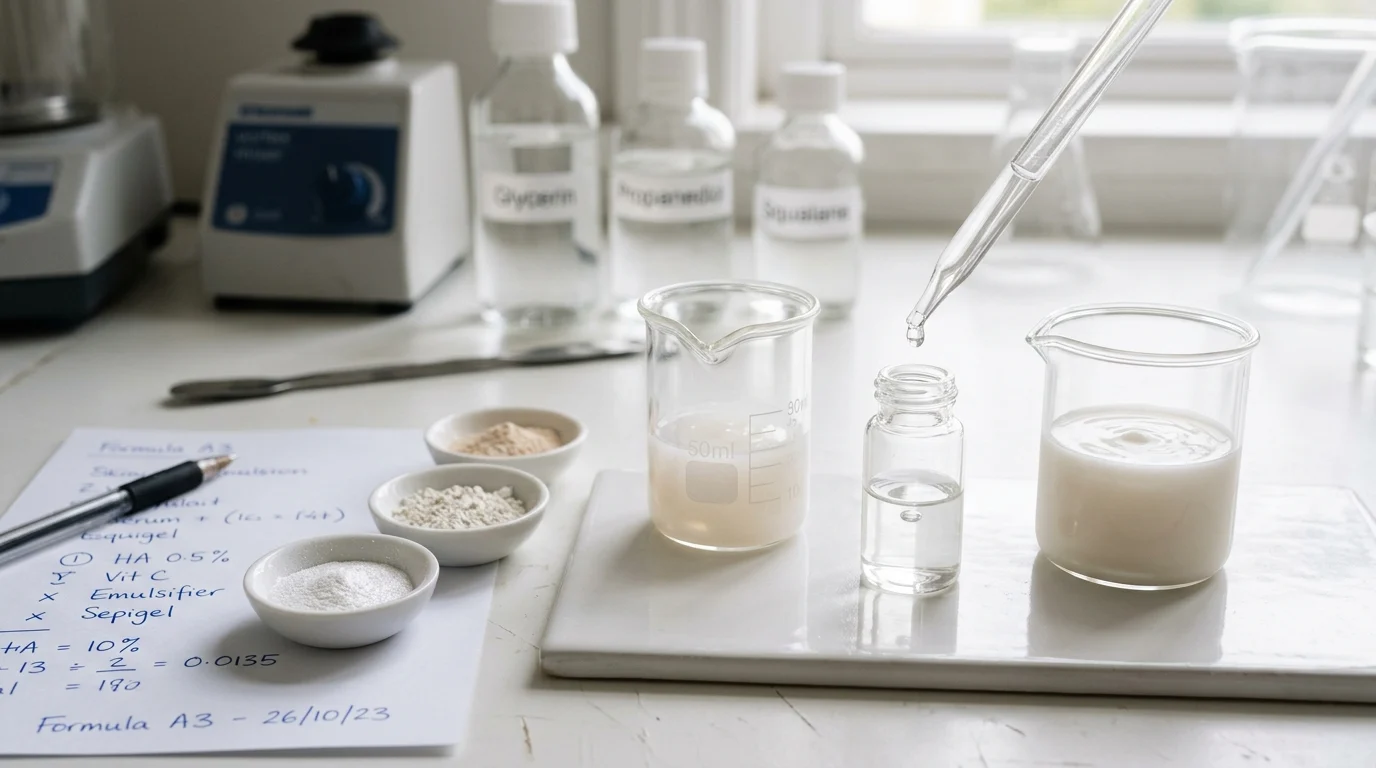A cosmetic chemist's workbench with glass beakers, emulsions, a pipette, ingredient powders and formulation notes — representing niche skincare science