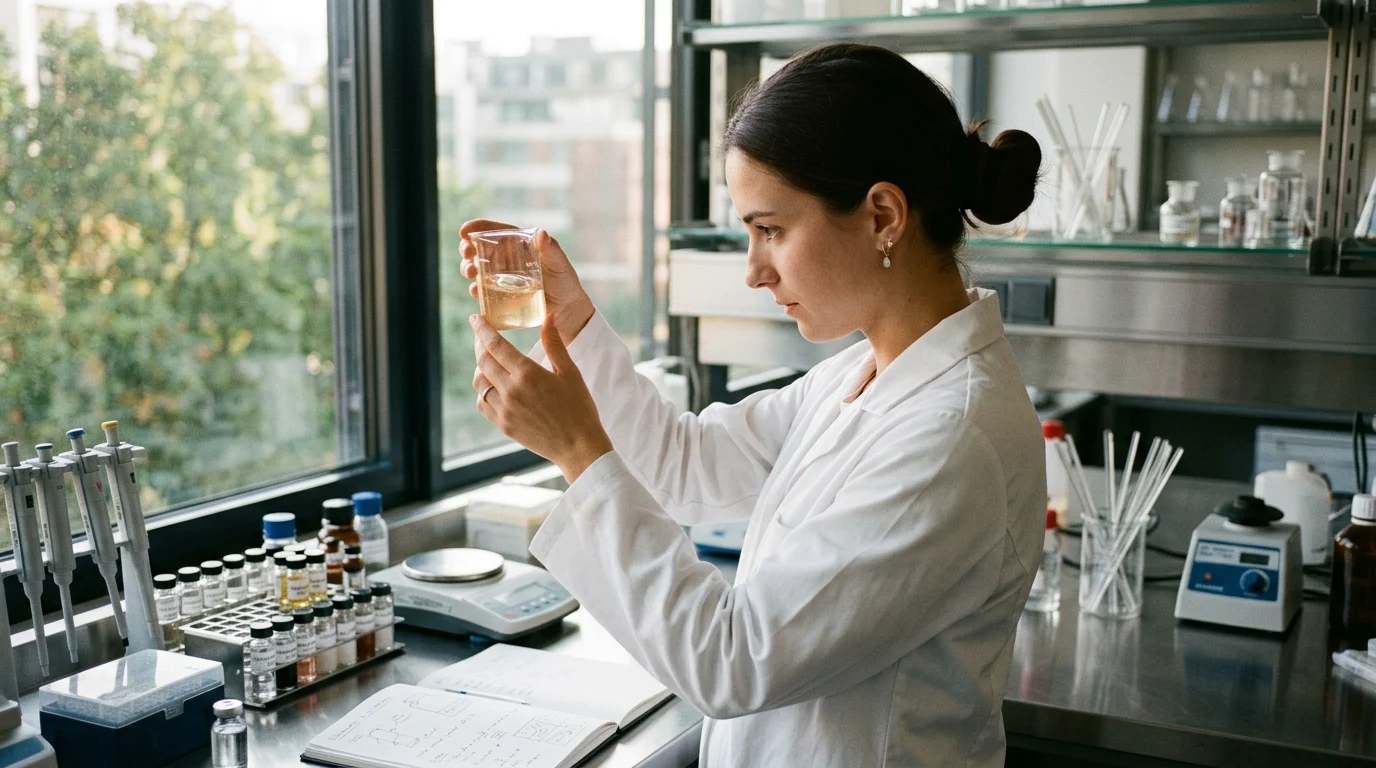 A cosmetic scientist examining a serum in a professional formulation laboratory, representing the science-backed and dermatologically grounded approach of European niche skincare brands.