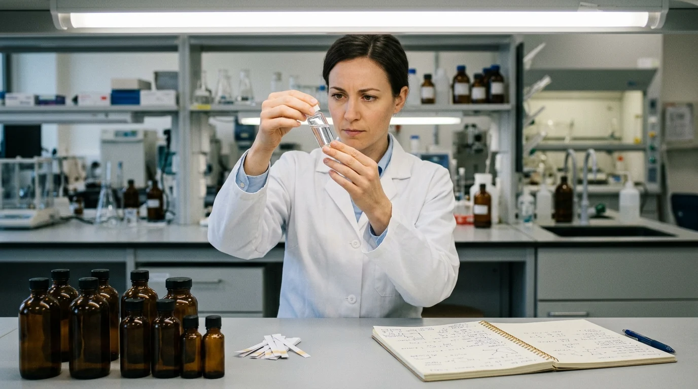 A cosmetic science specialist holds and examines a glass vial of serum in a laboratory—illustrating the scientific basis of formulation-led skincare and the discipline of cosmetic chemistry.
