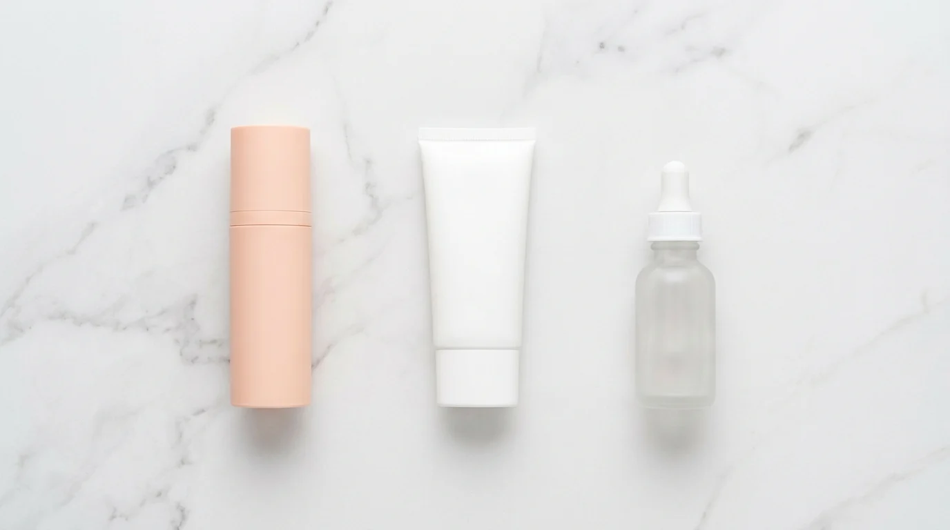 A flat lay of moisturiser, dedicated SPF 50 sunscreen, and primer arranged in left-to-right application order — illustrating the correct daily sunscreen under makeup layering routine.
