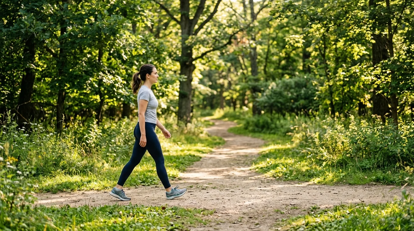 Woman walking in a sunlit park as a daily movement wellness ritual for skin microcirculation and inflammation reduction