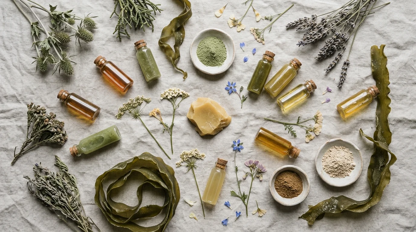Flat lay of raw European botanical skincare ingredients including plant extracts, sea kelp, dried herbs, and beeswax on linen