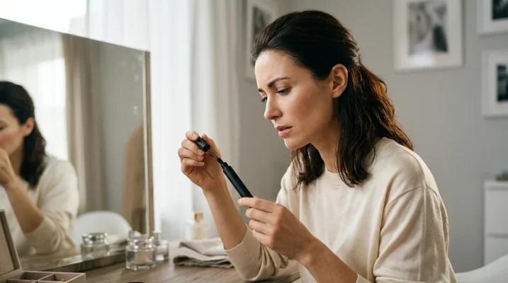 Woman examining mascara tube with concern, checking if makeup is still safe to use