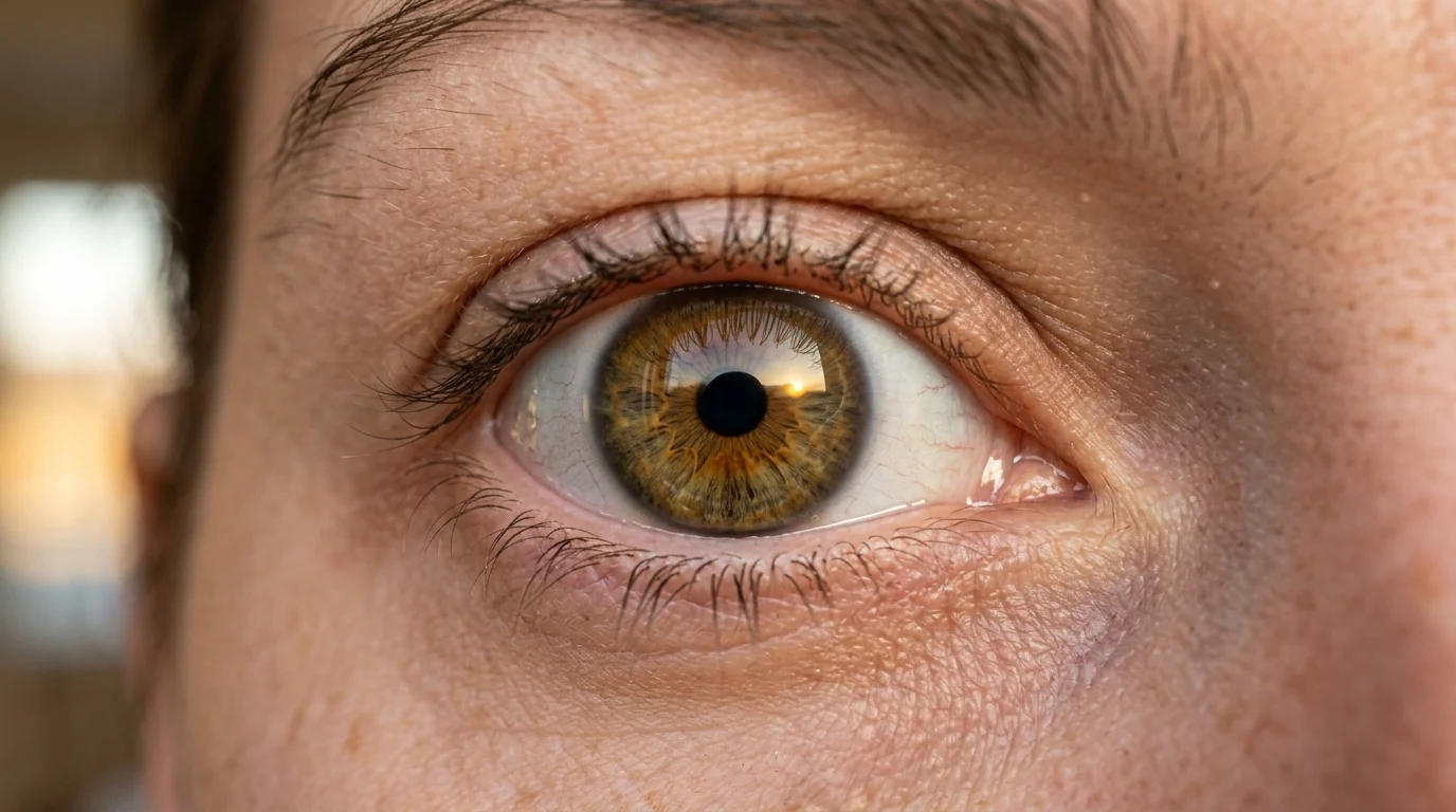 Close-up macro photograph of a human eye with golden morning sunrise reflected in the iris, illustrating the ipRGC light-detection pathway
