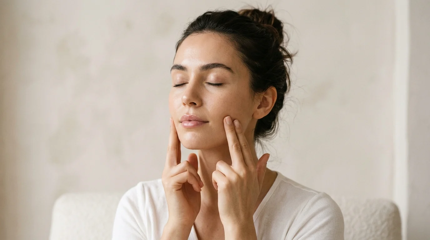 A woman performing a gentle facial massage along the jawline and cheekbones — illustrating manual lymphatic drainage technique for improved skin circulation and fluid clearance