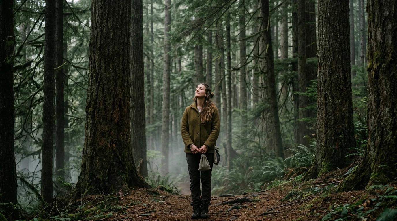 A person standing still among pine and cedar trees in a misty forest, practicing shinrin-yoku — the Japanese art of mindful forest bathing.