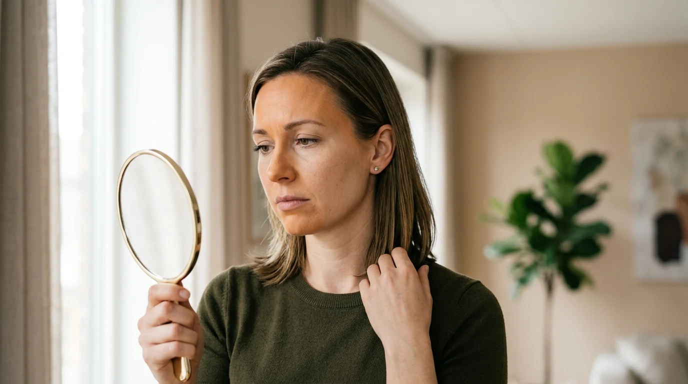 A woman examining her foundation in a mirror, noticing an orange color shift on her skin during the day — a visual example of makeup oxidation.