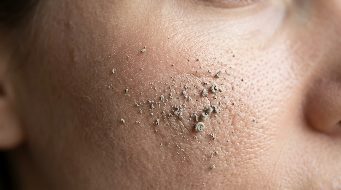 Macro close-up of foundation pilling on skin showing small rolled grey-beige particles on the skin surface caused by film instability