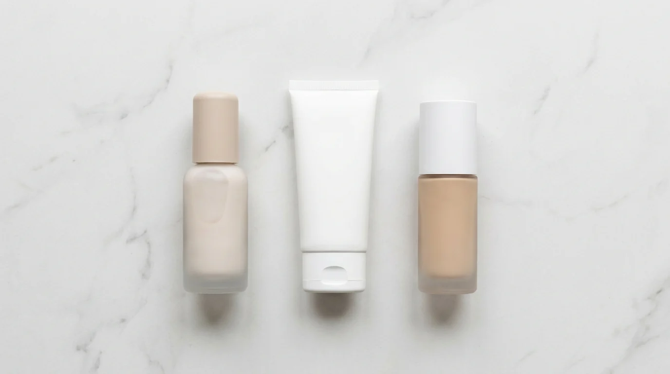 Flat lay of a primer, sunscreen SPF, and liquid foundation bottle arranged in order on a white marble surface