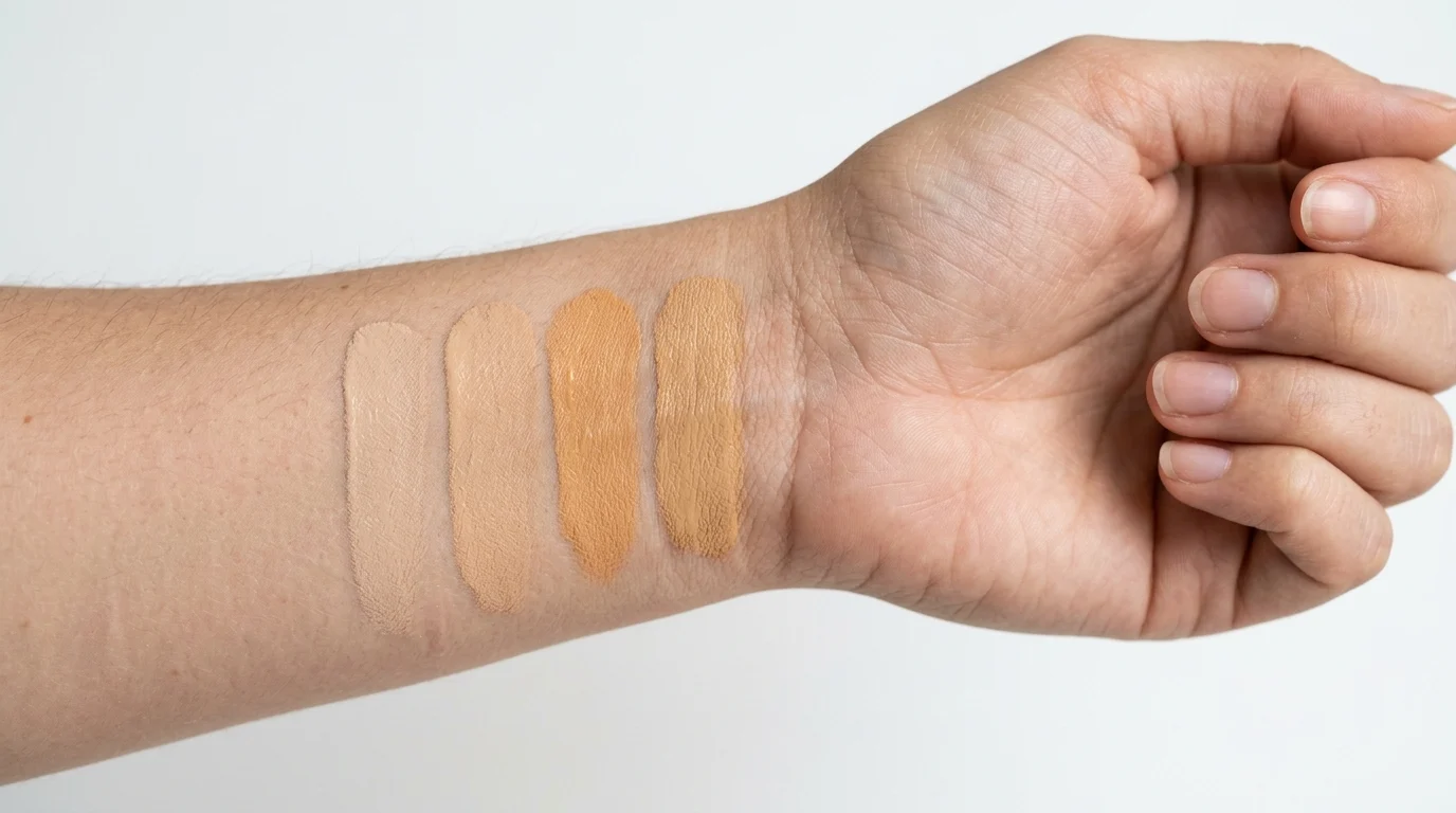 Foundation swatches on a wrist showing shade variation and one visibly oxidized, darker orange tone — illustrating how iron oxide pigments shift after skin contact.