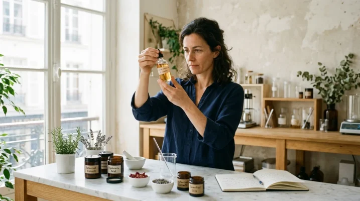 A skincare founder examining a serum bottle at her formulation bench in a bright European studio laboratory