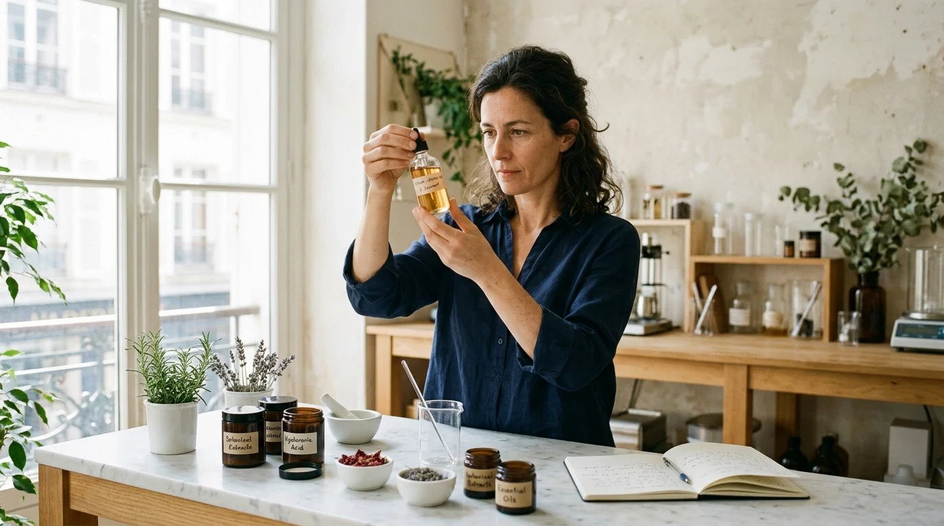 A skincare founder examining a serum bottle at her formulation bench in a bright European studio laboratory