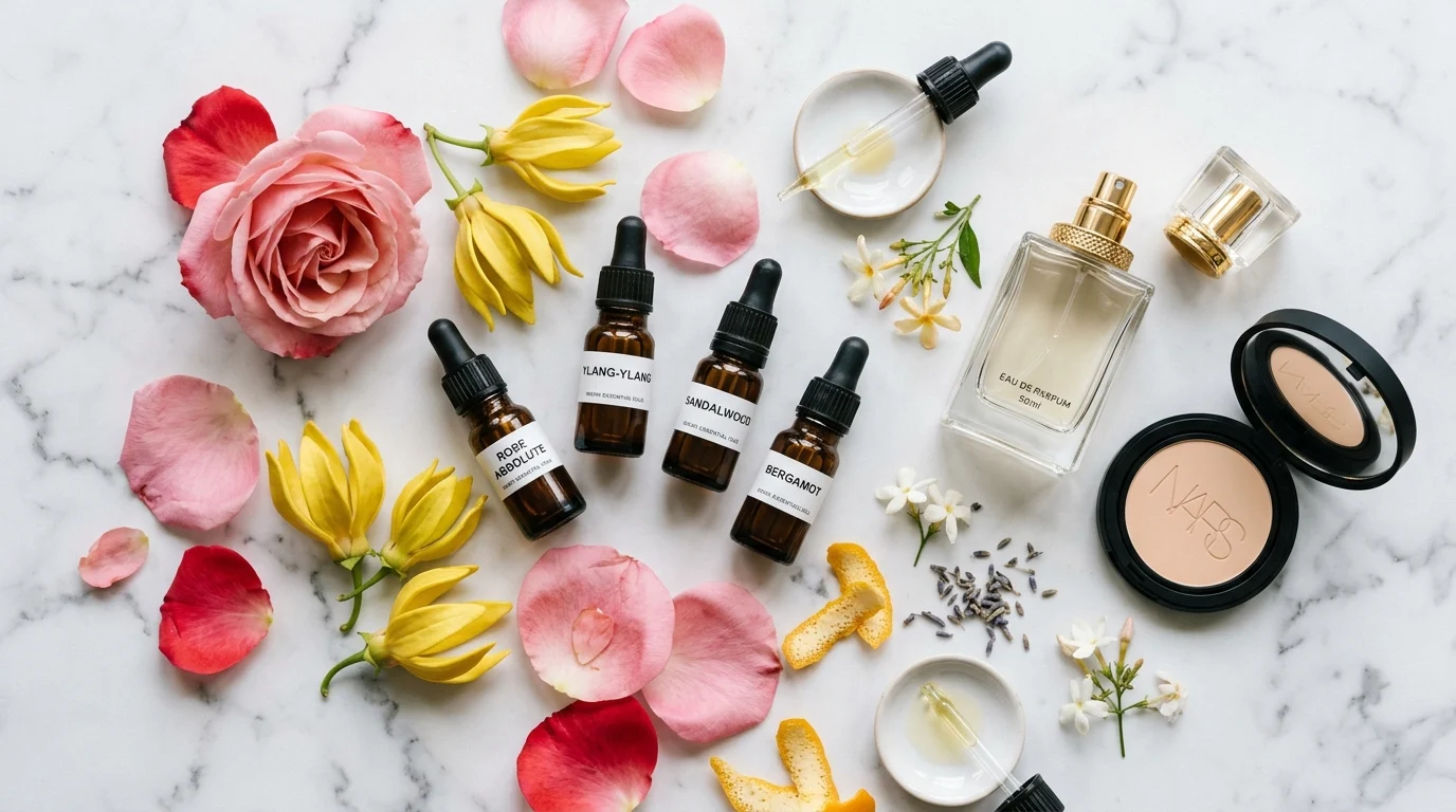 Amber vials of essential oils, rose petals, ylang ylang flowers and an open perfume bottle — both natural and synthetic fragrances carry sensitization risk in cosmetics.