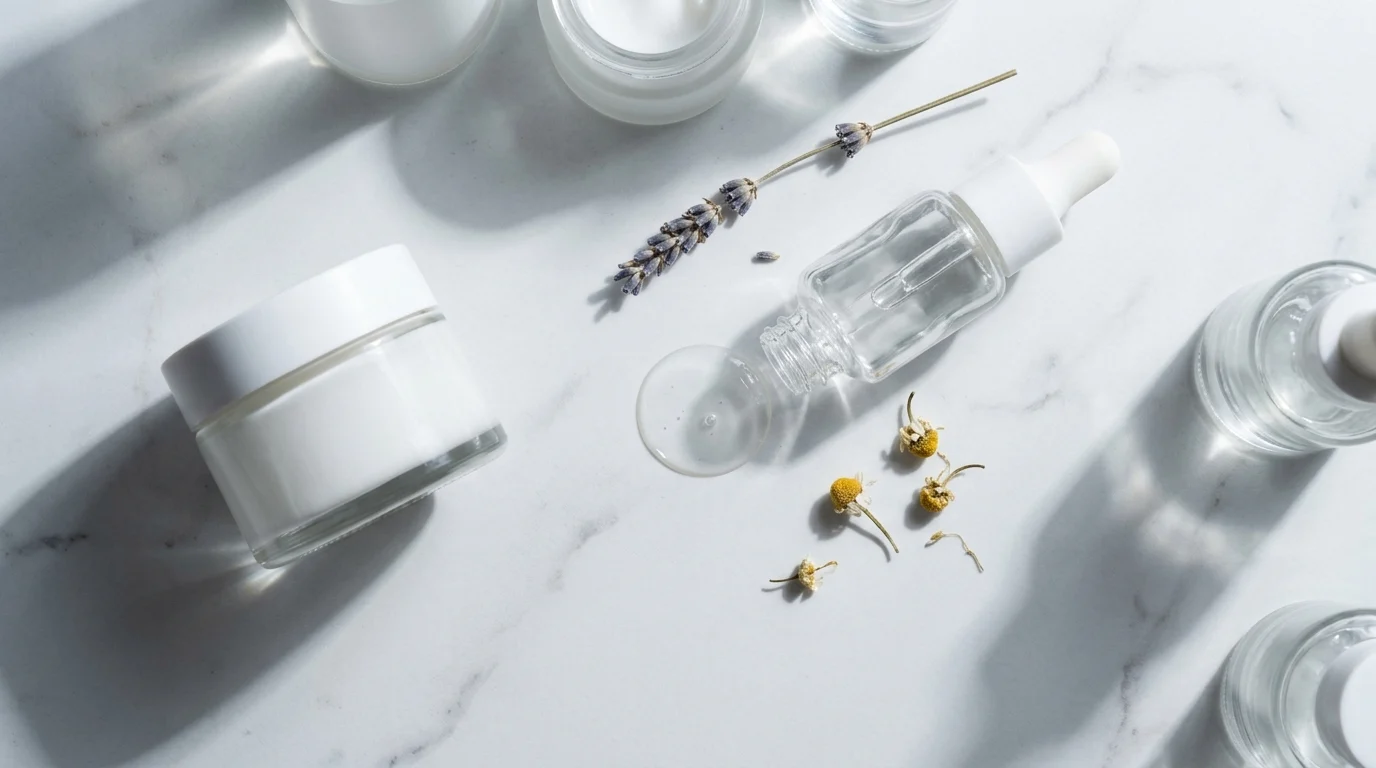 Minimalist unlabelled skincare products on white marble with dried botanicals — one product separated, symbolising ingredient scrutiny for sensitive skin.