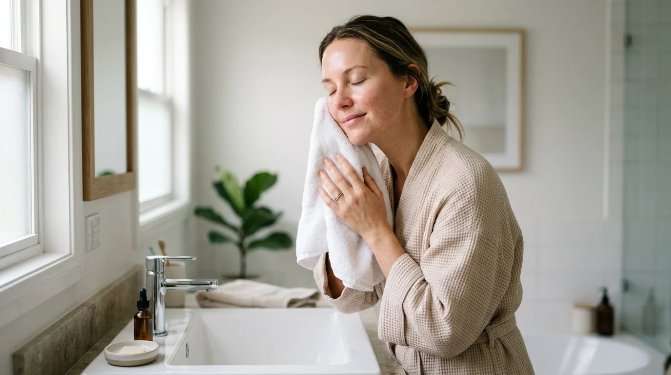 Woman gently patting cleansed skin with soft towel — gentle cleansing supports skin barrier and microbiome
