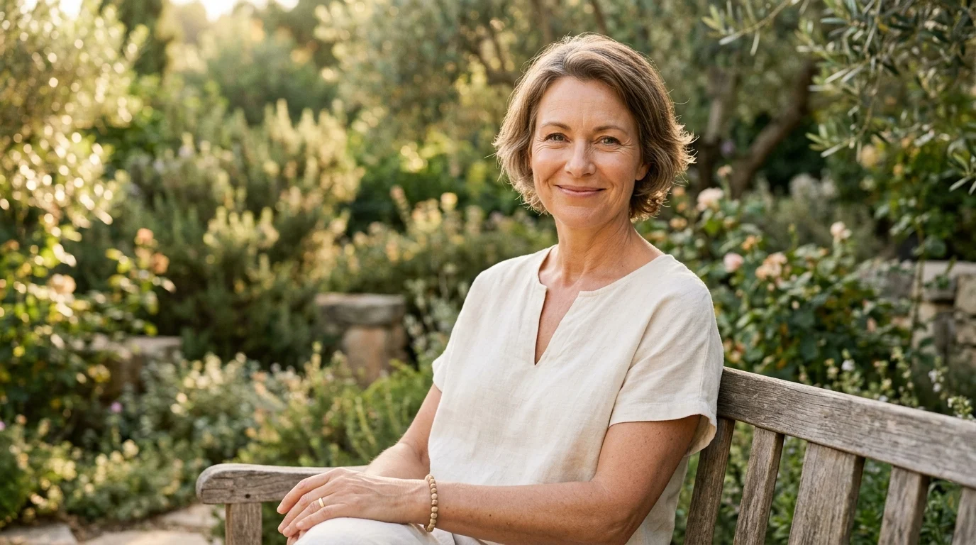 A naturally healthy woman in her late 40s with glowing skin sitting outdoors in morning light, representing healthy aging and skin longevity.