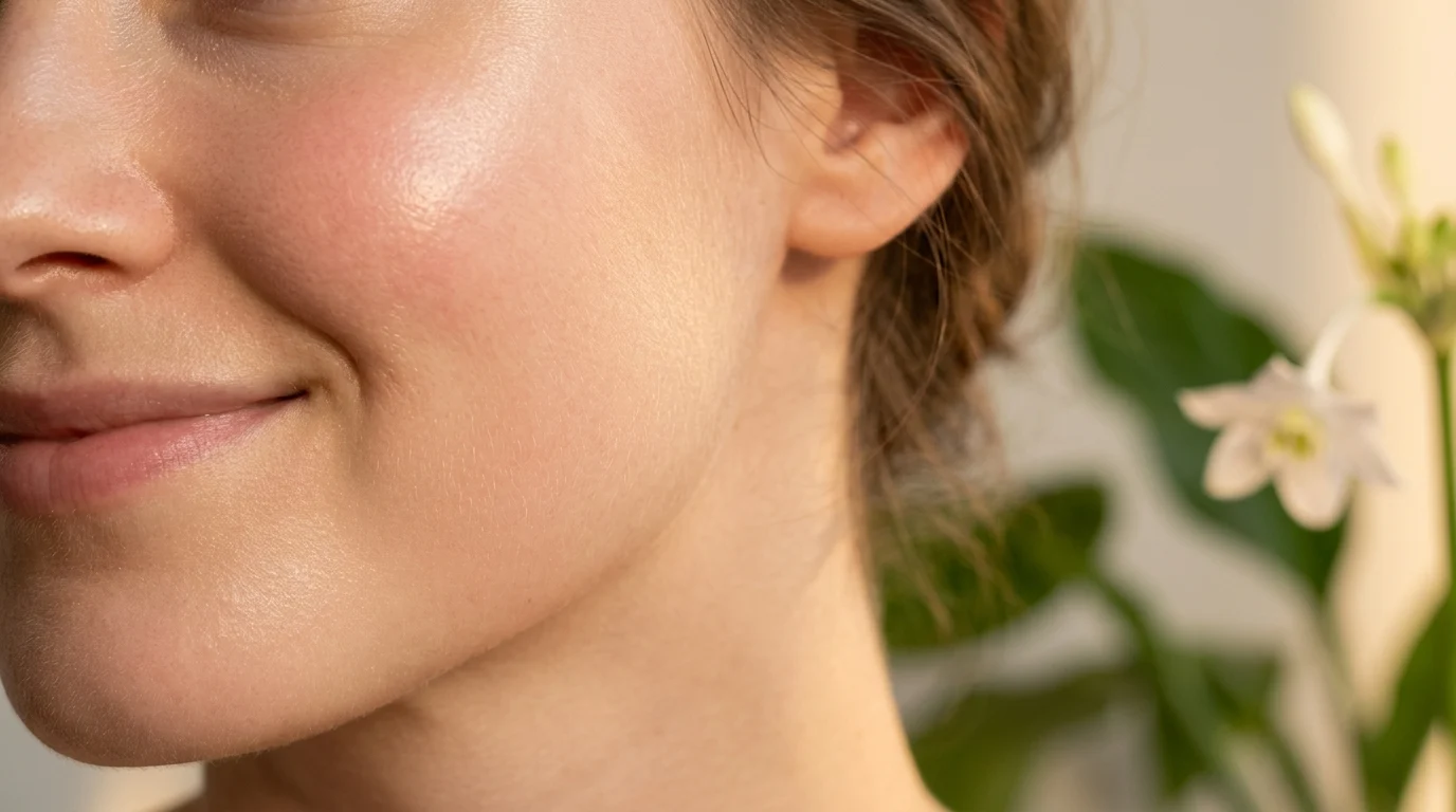 A close-up shot of healthy, hydrated, naturally glowing skin—illustrating the results of restoring the skin’s barrier and supporting the microbiome through a thoughtful approach to ingredients.