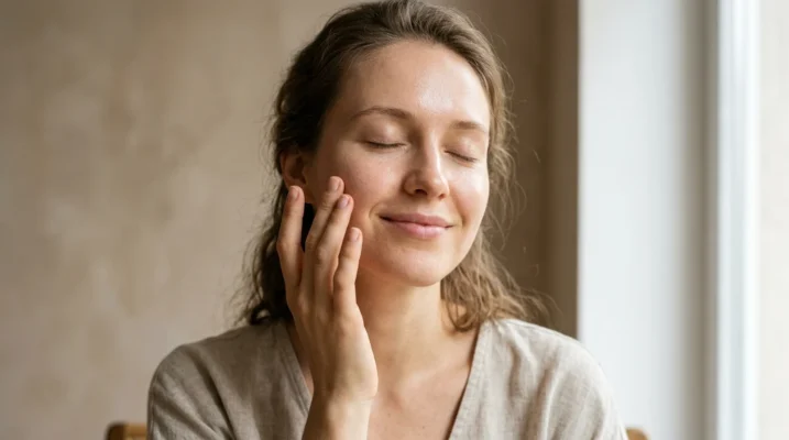 Woman with healthy, bare skin gently touching her cheek, illustrating the importance of maintaining natural skin pH and acid mantle integrity.