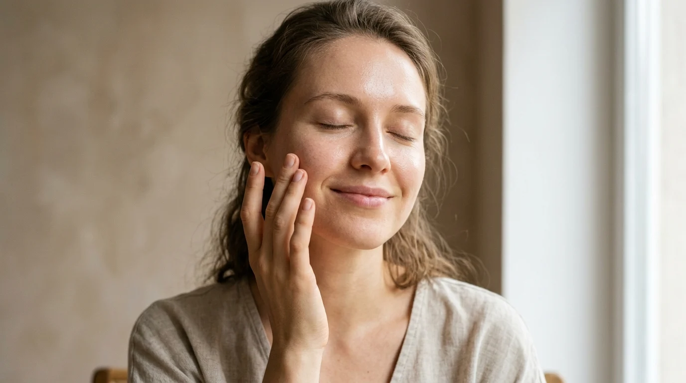 Woman with healthy, bare skin gently touching her cheek, illustrating the importance of maintaining natural skin pH and acid mantle integrity.