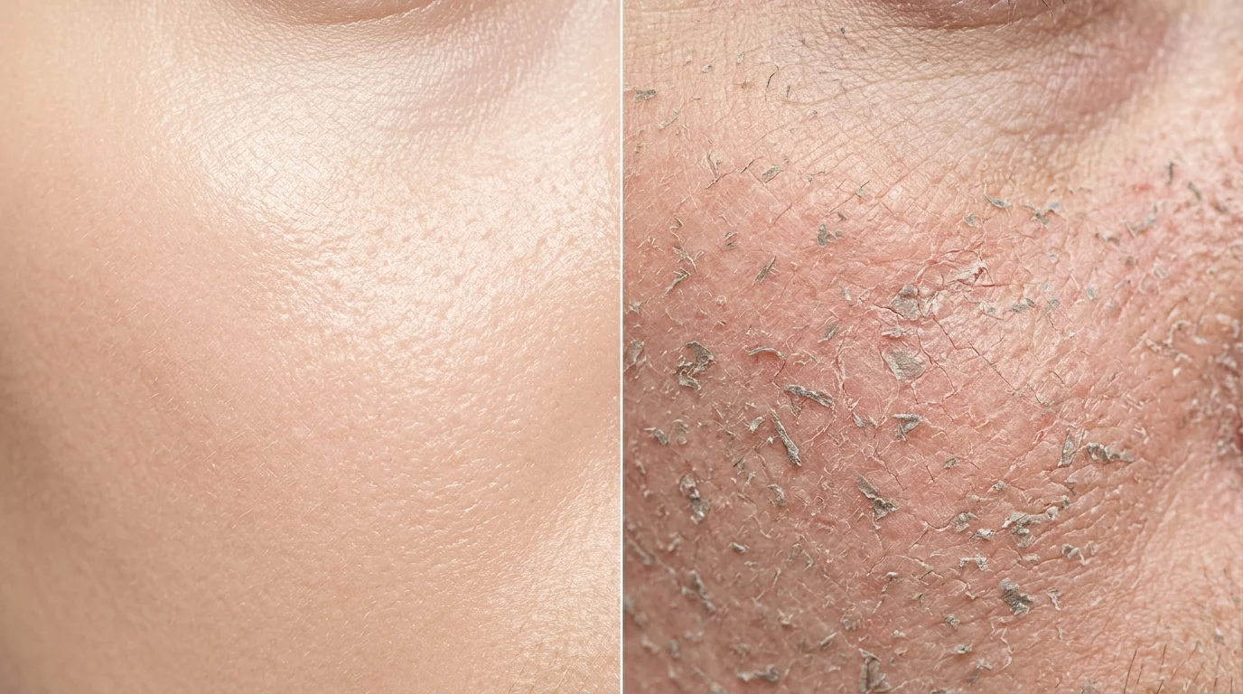 Macro close-up of human skin showing the contrast between healthy, hydrated skin on the left and dry, flaky, irritated skin on the right — a visual representation of skin barrier damage and increased transepidermal water loss.