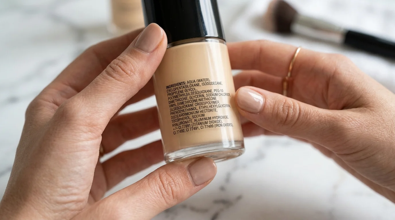 Hands holding a glass foundation bottle turned to read the INCI ingredient list on the back label