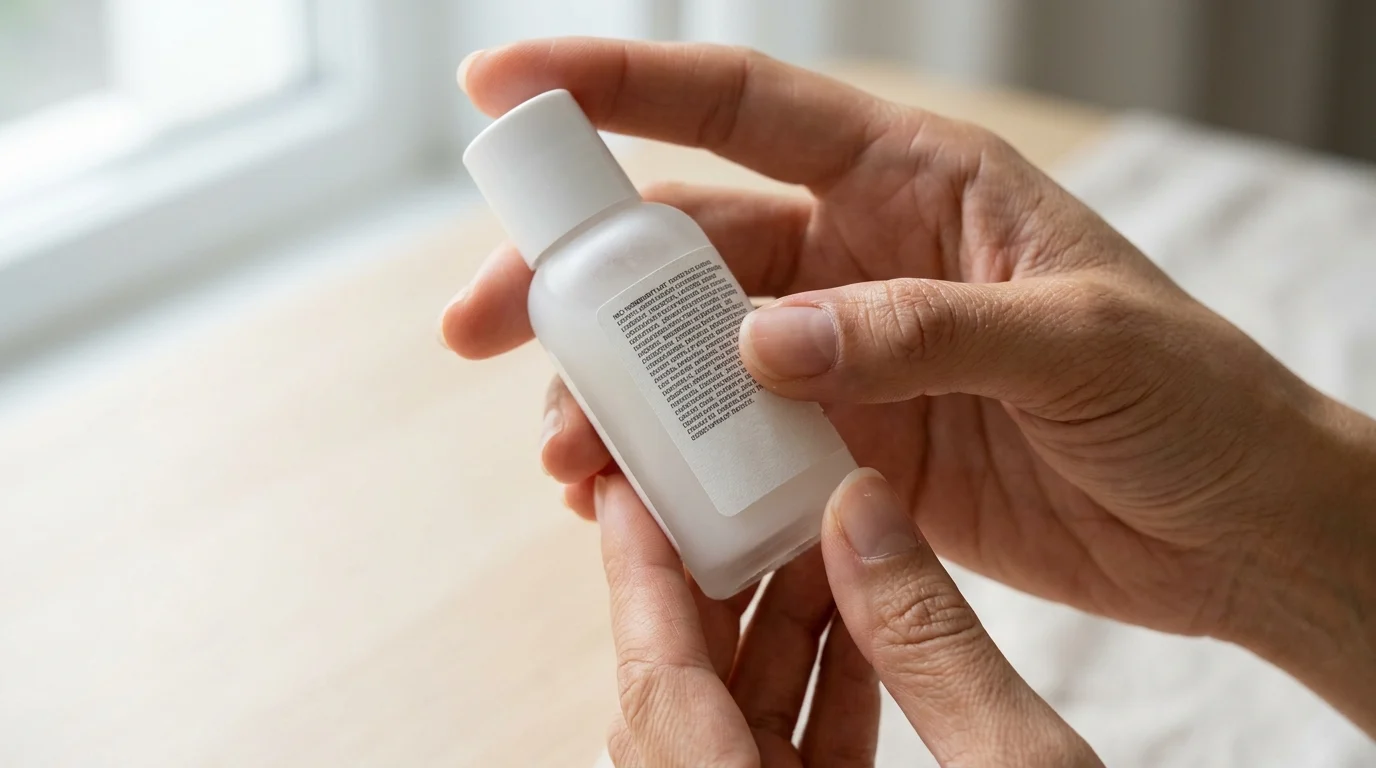 Close-up of hands turning a skincare bottle to read the dense INCI ingredient list printed in small text on the back label, in natural daylight.