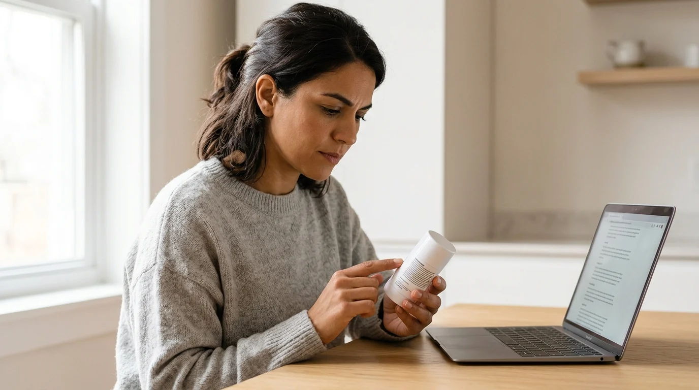 Woman carefully reading the ingredient label on a niche skincare product at a kitchen table, cross-referencing information on a laptop in natural daylight