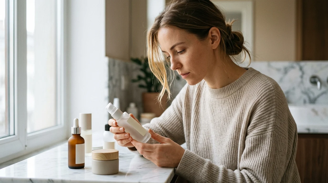 A woman in natural light carefully reading the INCI ingredient list on the back of a niche skincare serum bottle, with other minimalist products arranged beside her on a marble surface.