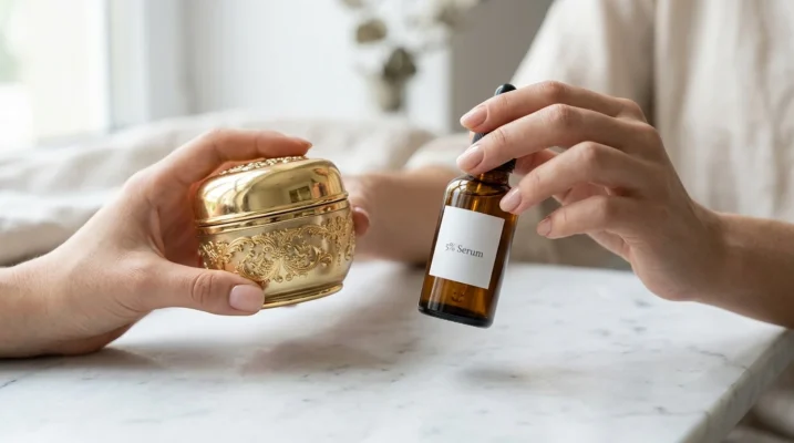 Two hands resting on marble hold a luxurious, gold-colored cream jar and a minimalist amber-glass serum bottle—illustrating the difference in ingredient philosophy between major and niche cosmetics brands.