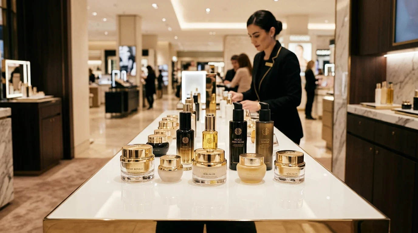 An elegant luxury skincare counter at a high-end department store with gold and glass product displays and a beauty consultant in the background