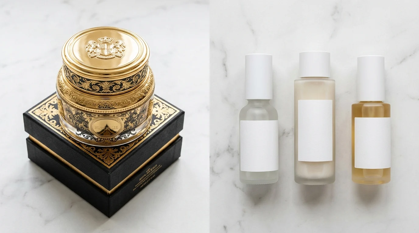 Flat lay comparison of ornate luxury skincare jar versus minimal frosted glass niche skincare bottles on marble surface